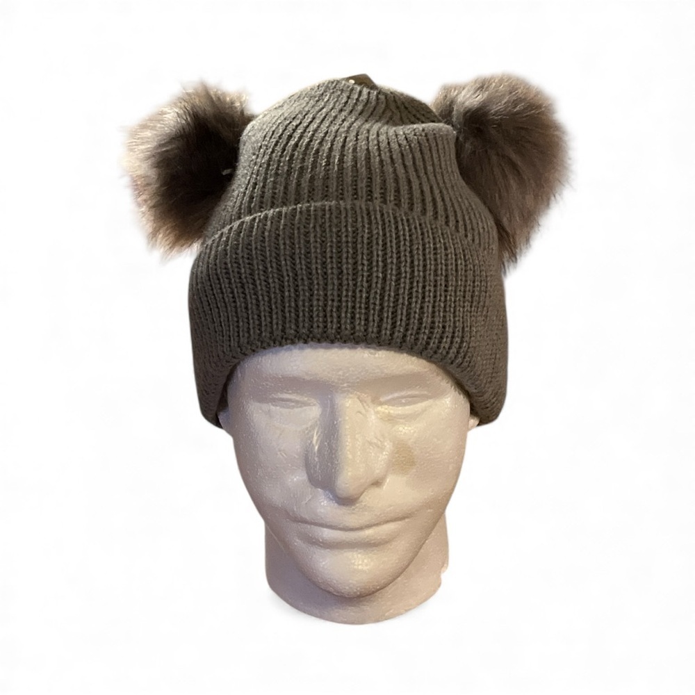 Cozy Gray Knit Beanie with Pom Poms NWT